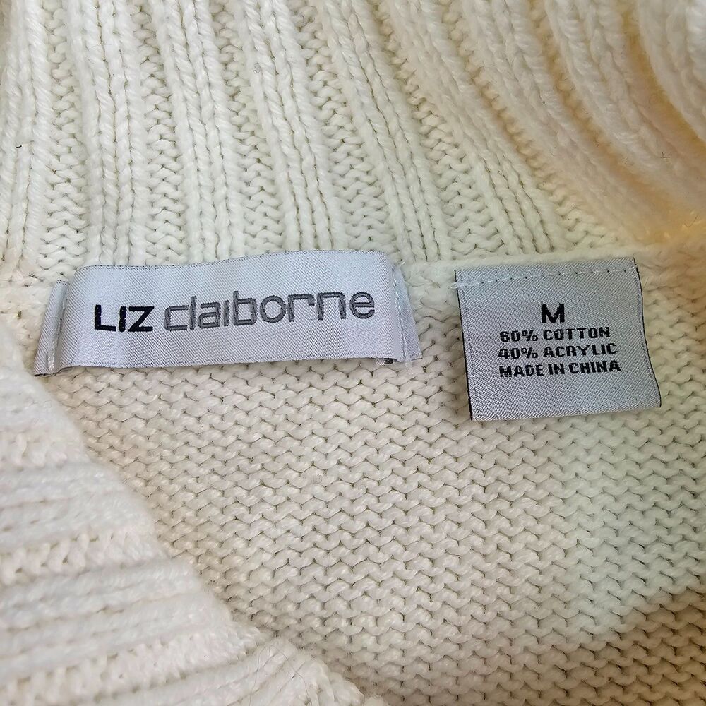 Liz Claiborne Ivory Cable Knit Cowl Neck Sweater Medium Cozy Preppy - Picture 6 of 13